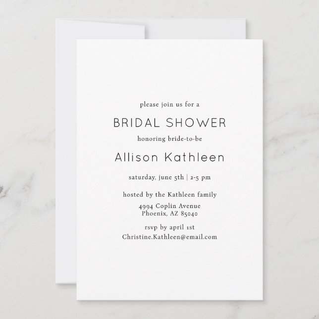 Elegant Minimalist Black and White Bridal Shower  Invitation (Front)