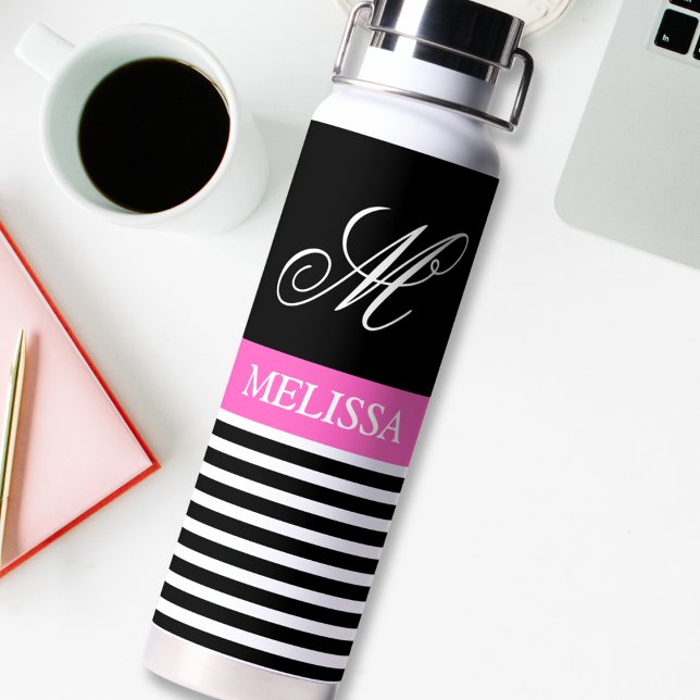 Elegant Minimalist Black and White Pink Ribbon  Water Bottle (Creator Uploaded)