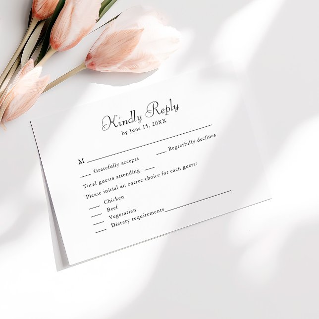 Elegant Minimalist Black and White RSVP Card (Elegant Minimalist Black and White RSVP Card on a sunny table with pale pink flowers.)