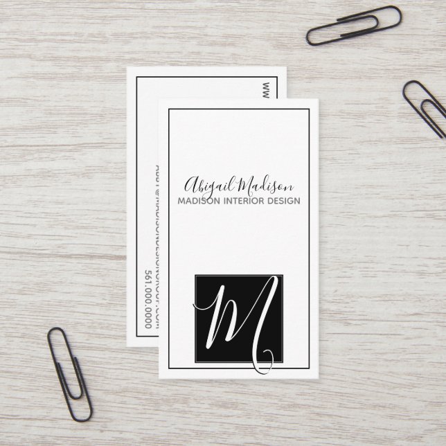 Elegant Minimalist Black and White Script Monogram Business Card (Front/Back In Situ)