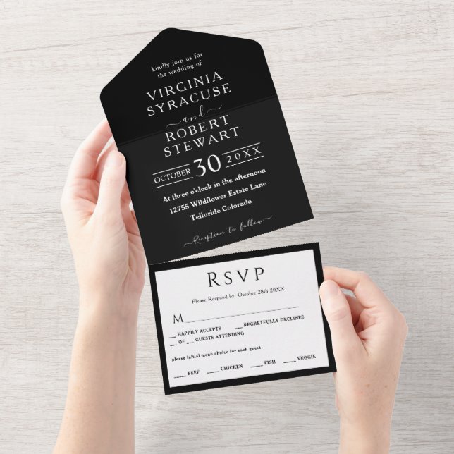 Elegant Minimalist Black and White Wedding All In One Invitation (Tearaway)