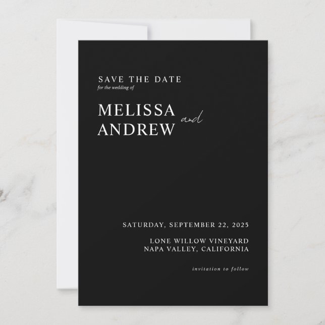 Elegant Minimalist Black and White Wedding Save The Date (Front)