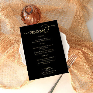 Elegant Minimalist Black Gold Script Wedding Menu