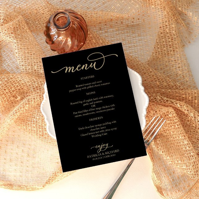 Elegant Minimalist Black Gold Script Wedding Menu (Creator Uploaded)