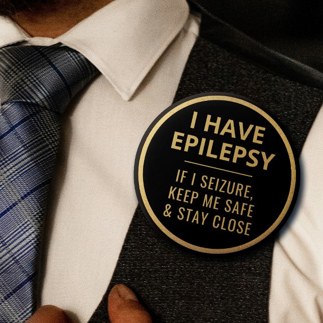 Elegant Minimalist Black Gold Text Epilepsy 6 Cm Round Badge (In Situ on Shirt)