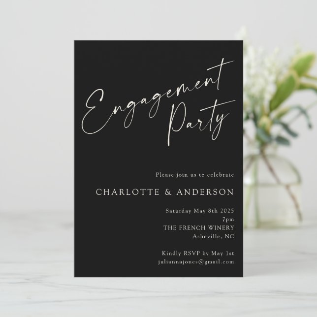 Elegant Minimalist Black Modern Engagement Party Invitation (Standing Front)