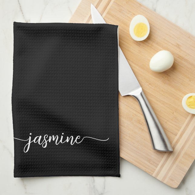 Elegant Minimalist Black Monogram Name Script Tea Towel (Quarter Fold)
