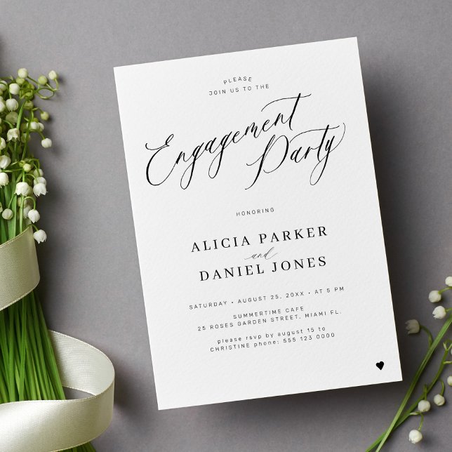 Elegant minimalist black script engagement party invitation (Creator Uploaded)