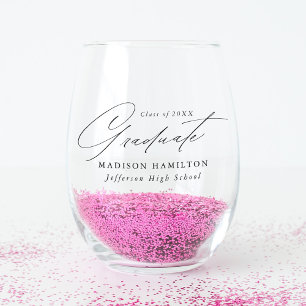 Elegant Minimalist Black Script Graduation Stemless Wine Glass