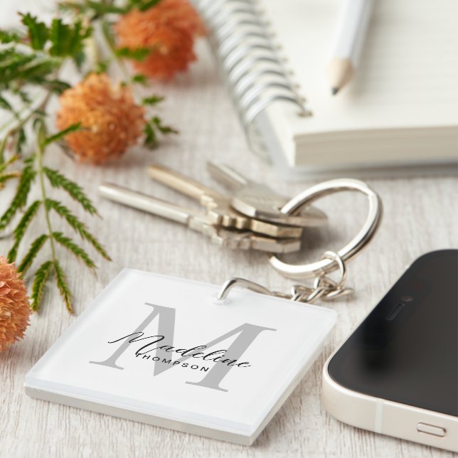 Elegant Minimalist Black Script Grey Monogram Key Ring (Front Right)