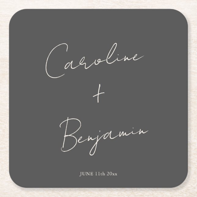 Elegant Minimalist Black Script Wedding Custom Square Paper Coaster (Front)
