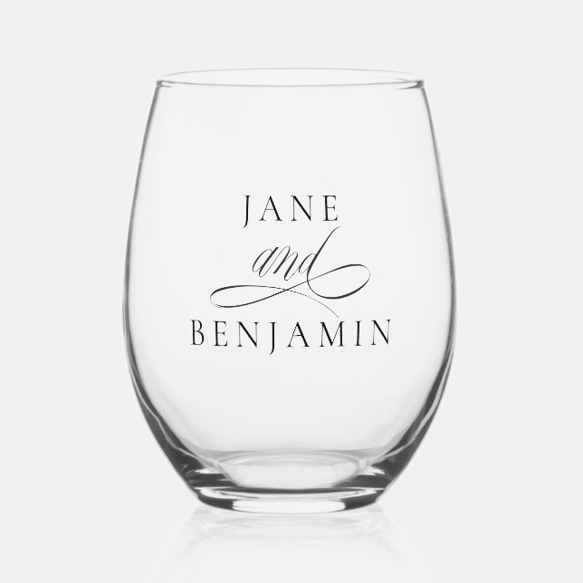 Elegant Minimalist Black & White Fine Art Wedding Stemless Wine Glass (Front)