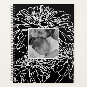 Elegant minimalist black white floral drawing  planner
