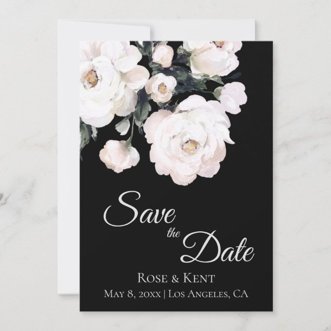 Elegant Minimalist Black White Flowers Photo Save The Date (Front)