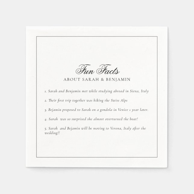 Elegant Minimalist Black & White Fun Facts Wedding Napkin (Front)