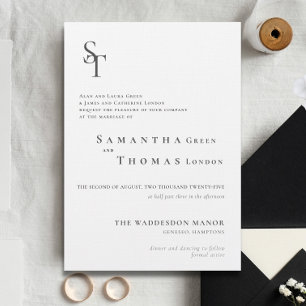 Elegant Minimalist Black White Initials Wedding Invitation