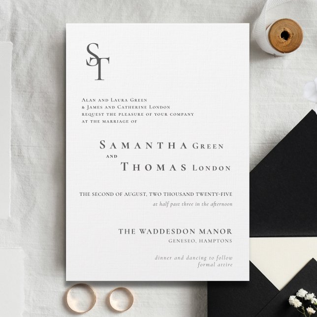 Elegant Minimalist Black White Initials Wedding  Invitation (Elegant Minimalist Initials Black White Wedding Invitation)