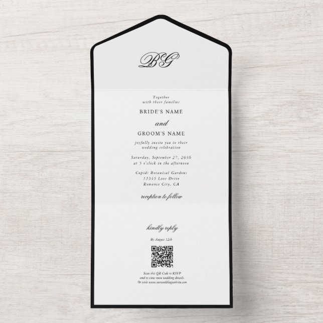 Elegant Minimalist Black White Monogram Wedding All In One Invitation (Inside)