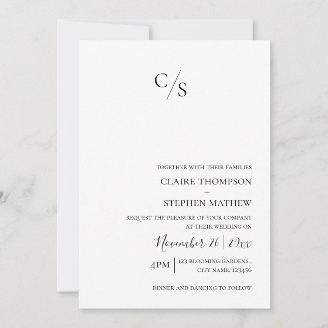 Elegant Minimalist Black White Monogram Wedding Invitation (Front)