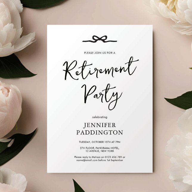 Elegant Minimalist Black & White Retirement Party Invitation (Elegant minimalist retirement party invitation with handwritten style font and hand drawn bow)