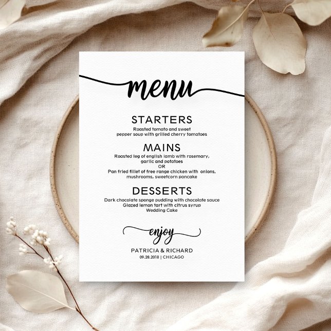Elegant Minimalist Black White Wedding Menu Cards (Creator Uploaded)