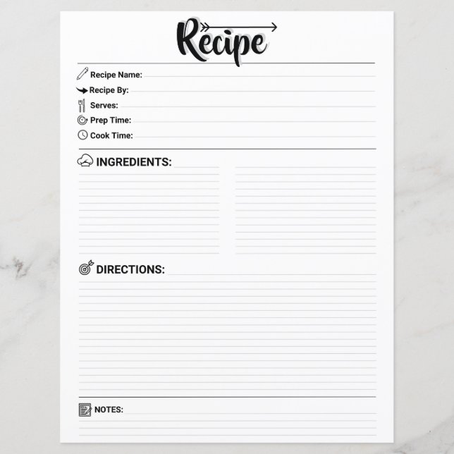 Elegant Minimalist Blank Recipe Page / Paper Sheet (Front)