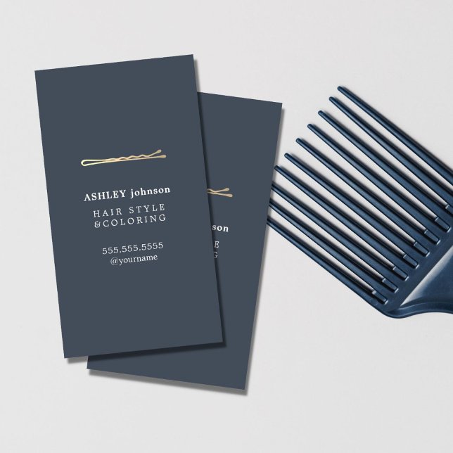 Elegant Minimalist Blue Faux Gold Hairdresser Business Card (Creator Uploaded)