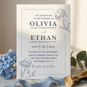 Elegant Minimalist Blue Floral Sketch Wedding Invitation