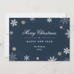 Elegant Minimalist Blue Gold Snowflake Holiday Card