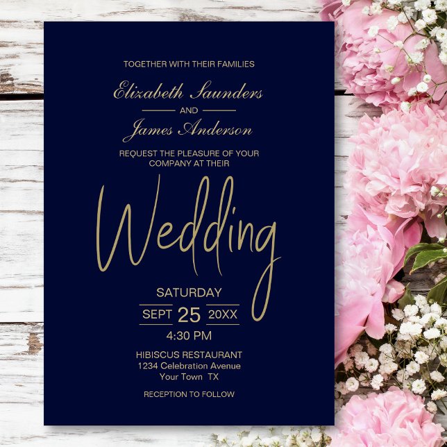 Elegant Minimalist Blue Gold Wedding Invitation (Creator Uploaded)