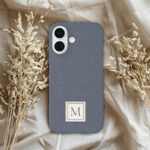 Elegant Minimalist Blue Grey Faux Linen Monogram iPhone 16 Case