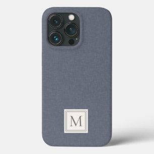 Elegant Minimalist Blue Grey Faux Linen Monogram iPhone 13 Pro Case
