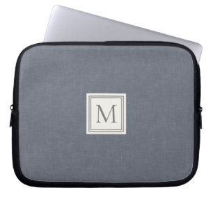 Elegant Minimalist Blue Grey Faux Linen Monogram Laptop Sleeve