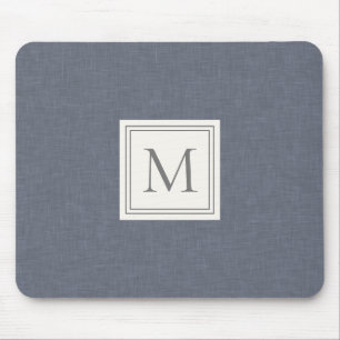 Elegant Minimalist Blue Grey Faux Linen Monogram Mouse Pad