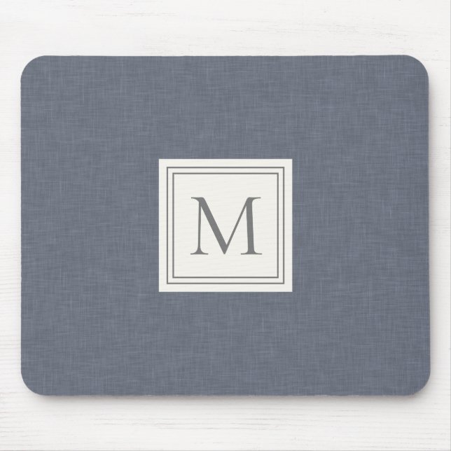 Elegant Minimalist Blue Grey Faux Linen Monogram Mouse Pad (Front)