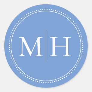 Elegant Minimalist Blue Monogram Dotted Border Classic Round Sticker