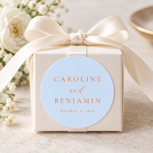 Elegant Minimalist Blue Orange Calligraphy Wedding Classic Round Sticker