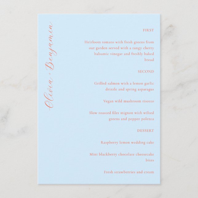 Elegant Minimalist Blue Orange Custom Wedding Menu (Front)