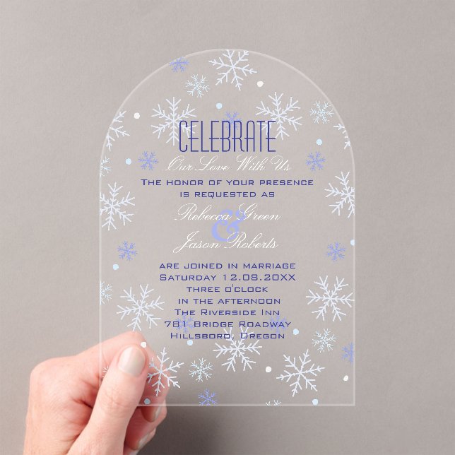 Elegant Minimalist Blue Snowflake Winter Wedding Acrylic Invitations (Insitu (Handheld))