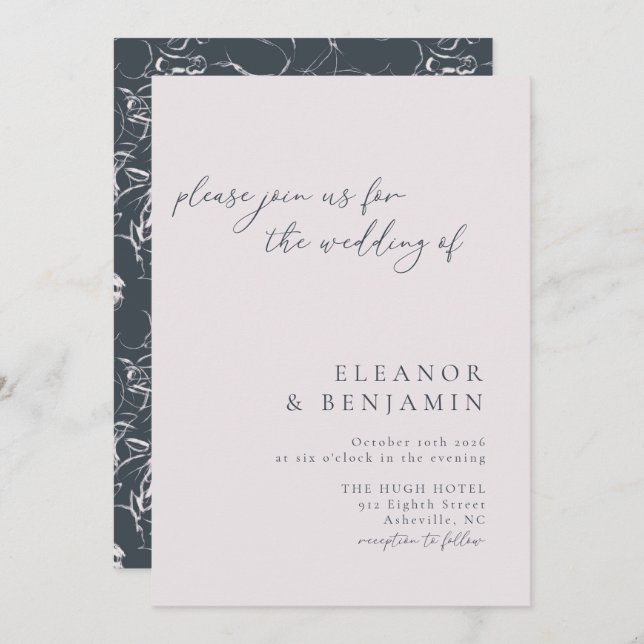 Elegant Minimalist Blush Grey Botanical Wedding Invitation (Front/Back)