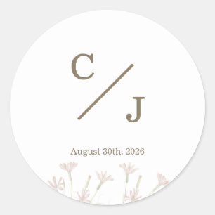 Elegant Minimalist Blush Pink Wildflower Monogram Classic Round Sticker