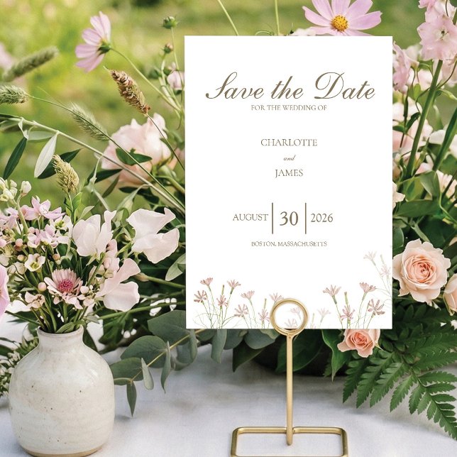 Elegant Minimalist Blush Pink Wildflower Wedding  Save The Date (Minimalist blush pink wildflower Save the Date. Elegant botanical floral design. Customize!)