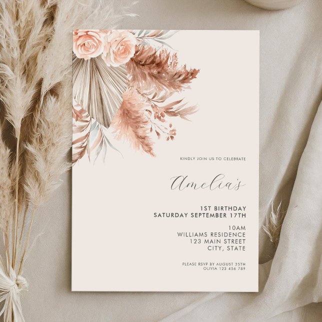 Elegant Minimalist Boho Floral 1st Birthday Invitation (Creator Uploaded)