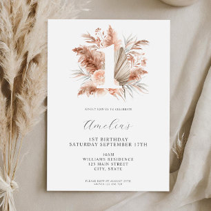 Elegant Minimalist Boho Floral 1st Birthday Invitation