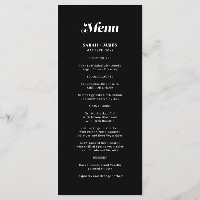 Elegant Minimalist Bold Calligraphy Black Wedding Menu (Front)