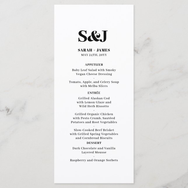 Elegant Minimalist Bold Monogram White Wedding Menu (Front)