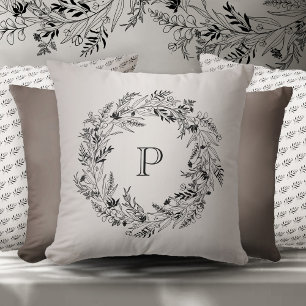 Elegant minimalist botanical wreath letter P Cushion