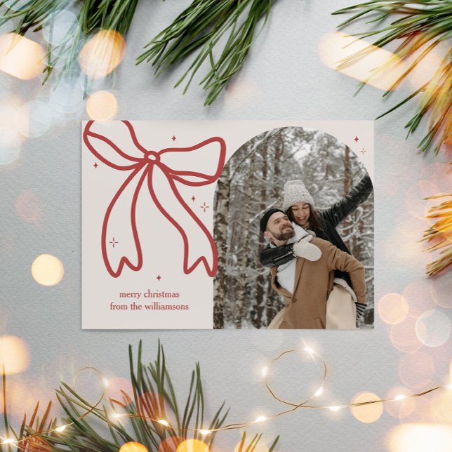 Elegant Minimalist Bow Single Photo Holiday Card (Elegant Bow Arch Photo Christmas Card)