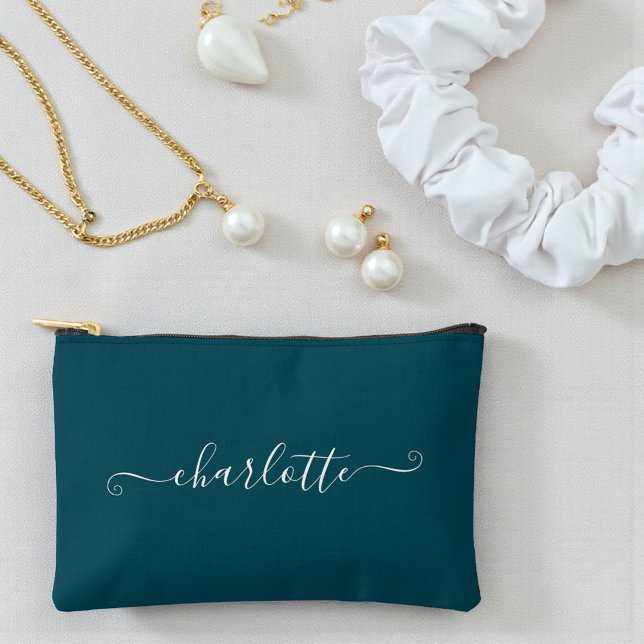 Elegant Minimalist Bridesmaid Name | Deep Teal Accessory Pouch (Creator Uploaded)