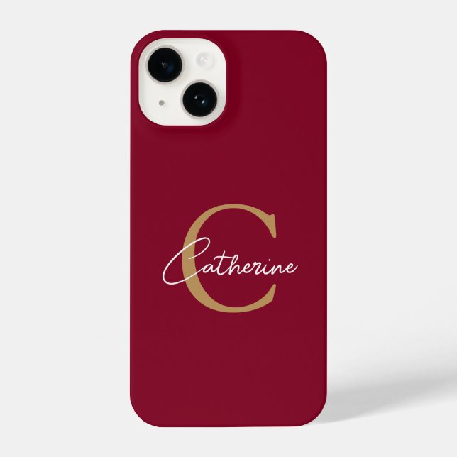 Elegant Minimalist Burgundy and Gold Monogram iPhone Case (Back)